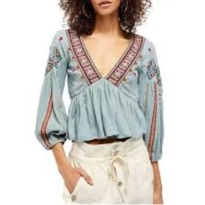 Free People Women Medium Aria Boho Cropped Embroidered Long Sleeve Top